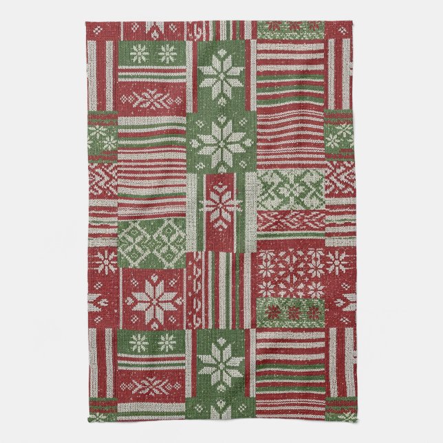 Klassisches Weihnachts-Patchwork-Strickmuster - Ro Geschirrtuch (Vertikal)