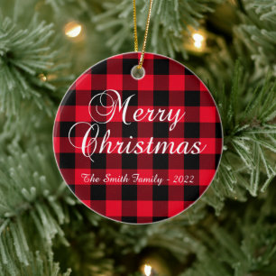Klassisches Weihnachts-Rot-Büffel-Karo-Familienfot Keramik Ornament