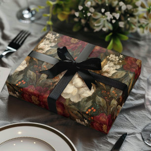 Klassisches Weihnachts-Rot und Creme-Winterflorale Geschenkpapier