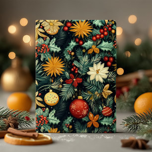Klassisches Weihnachtsgrün mit roten und goldenen Feiertagskarte