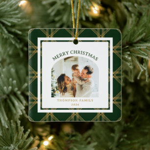 Klassisches Weihnachtsgrün und Gold-Foto Keramikornament