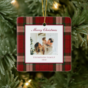 Klassisches Weihnachtskariert Familienfoto Keramikornament