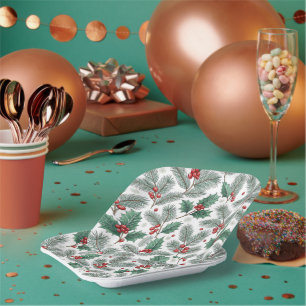 Klassisches Weihnachtsmuster mit Stechpalme und Ki Pappteller