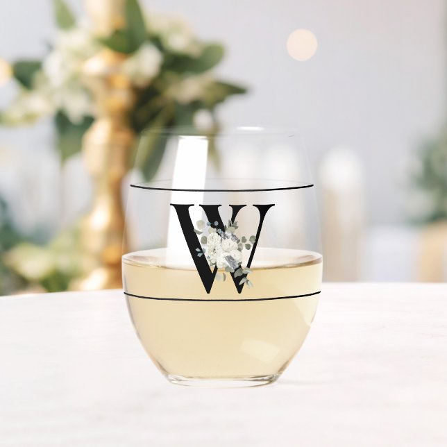 Klassisches weißes Blumendekor Initial W Weinglas Ohne Stiel (Insitu (Hochzeit))