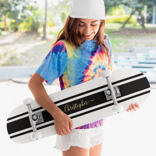 Klassisches weißes schwarzes Racing Streifen Gold Skateboard