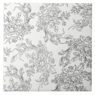 Klassisches weißes und schwarzes BlumenToile Fliese