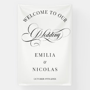 Klassisches weißes und schwarzes Hochzeits-Willkom Banner