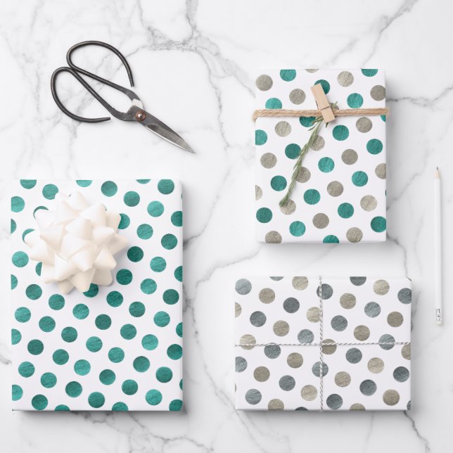 Klassisches White Aquamarin & Silver Polka Dots Mo Geschenkpapier Set (Vorderseite)