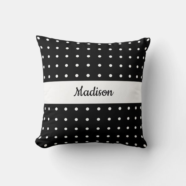 Klassisches White Polka Dot Muster auf Schwarz mit Kissen (Vorderseite)