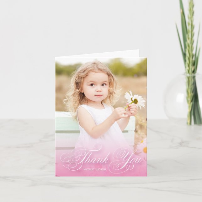 Klassisches Wirbles Skript-Rosa mit Foto | danken Dankeskarte (Vorderseite)