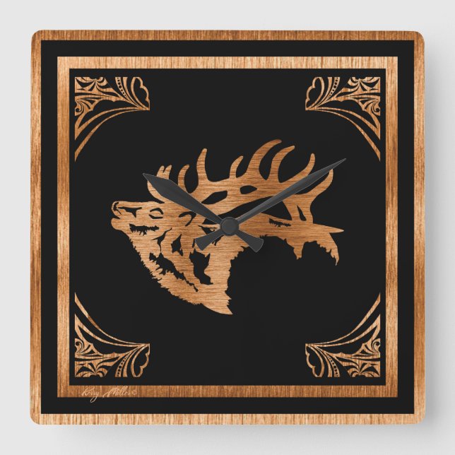 KLASSY WOOD ELK SILHOUETTE QUADRATISCHE WANDUHR (Vorderseite)