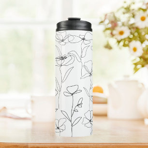 Klatschmohn-Wildblume Schwarz-Weiß-Minimal-Blume Thermosbecher