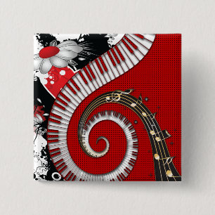 Klavier befestigt Musiknotengrunge-BlumenWirbel Button