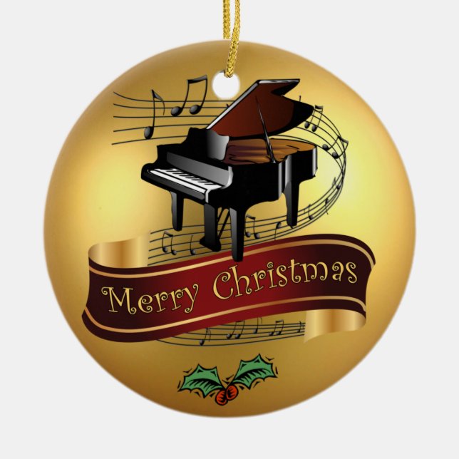 Klavier ~ musikalisches Rolle ~ Gold~ "frohe Keramik Ornament (Vorne)