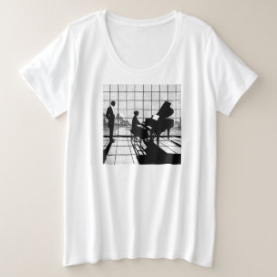 Klavier Silhouette Art Deco Stil   Schwarz und Wei Große Größe T-Shirt