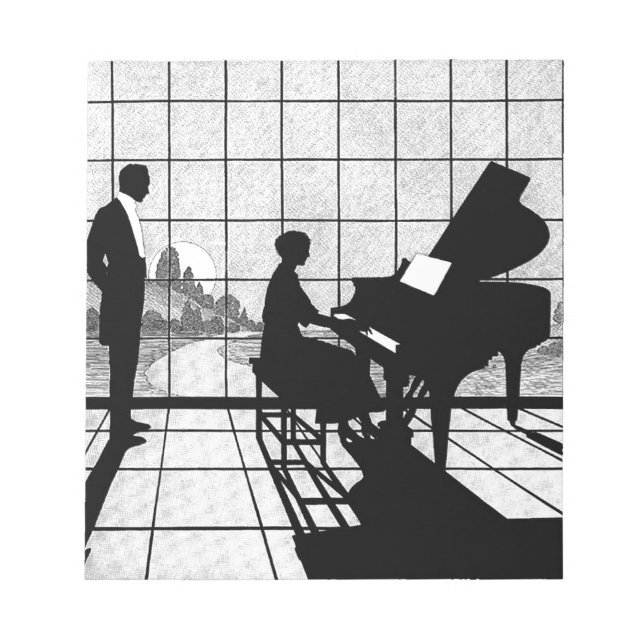 Klavier Silhouette Art Deco Stil | Schwarz und Wei Notizblock (Vorderseite)
