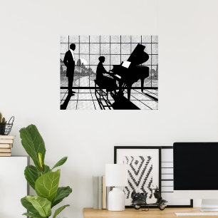 Klavier Silhouette Art Deco Stil Schwarz und Wei Poster