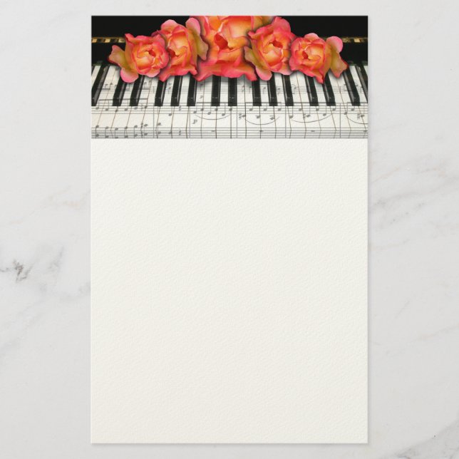 Klavier-Tastatur-Rosen und Musiknoten Briefpapier (Vorderseite)