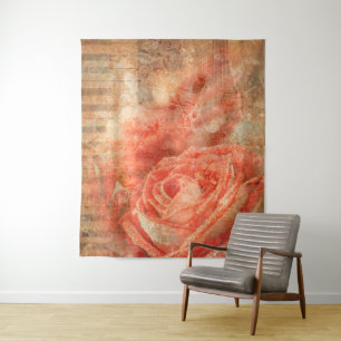 Klavier und Geige mit Musiknoten und Rose Wandteppich