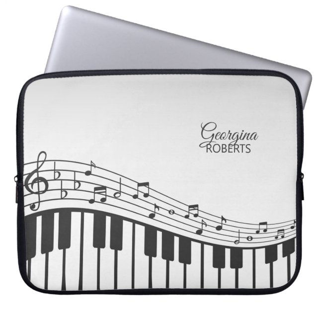 Klavier und Musiknoten mit Individuelle Name Laptopschutzhülle (Vorderseite)