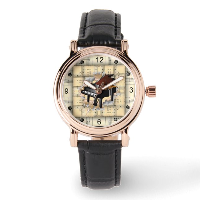 Klavierdurchbruch durch seltsame Notenblätter ~ Armbanduhr (Vorderseite)