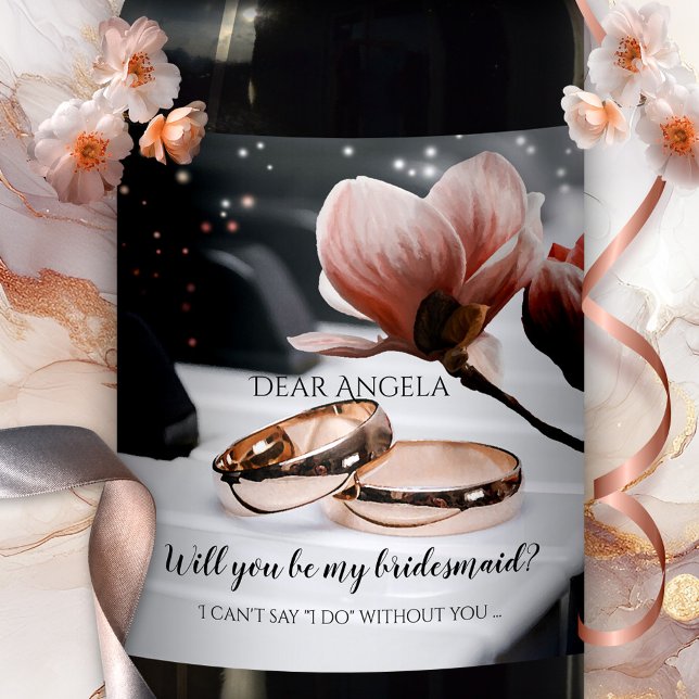 Klaviermusik Hochzeit Rings Bridesmaid Weinlabel Weinetikett (Romantic wedding wine label featuring rose gold wedding bands on a piano, with a magnolia flower)
