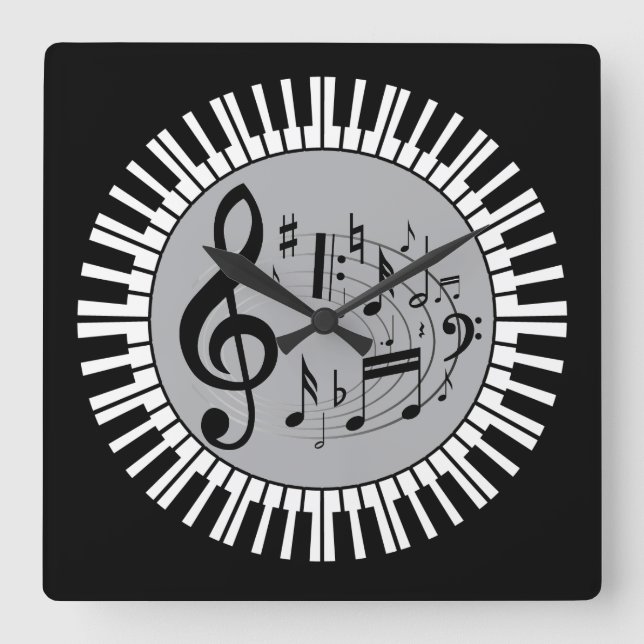 Klaviertasten und Musiknoten Quadratische Wanduhr (Vorderseite)