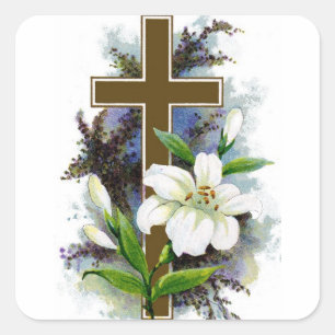 Klebeaufkleber Kreuz mit weißen Blumen Quadratischer Aufkleber