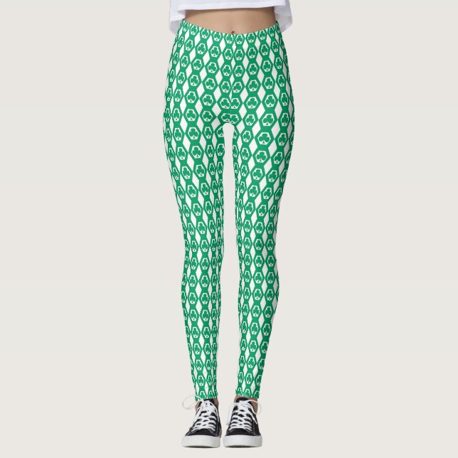 Klee Grün Weiß Sechseck Muster Leggings (Vorderseite)