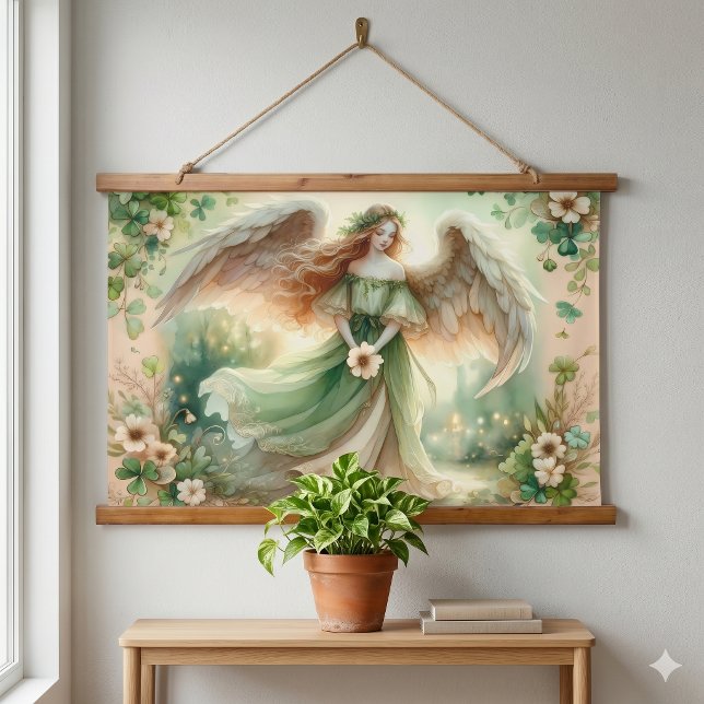 Klee-Serenitäts-Engel Wandteppich Mit Holzrahmen (Clover Serenity Angel Hanging Tapestry)