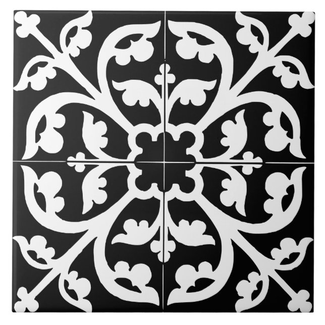 Kleeblatt-Blumen-Abstrakt Schwarz & Weiß Fliese (Vorderseite)
