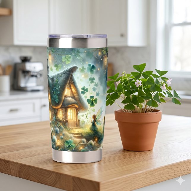 Kleeblatt-Feenglühhütte Thermobecher (Shamrock Fairy Cottage Glow Insulated Tumbler)