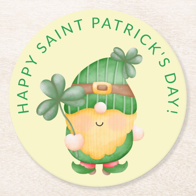 Kleeblatt Gnome Happy Saint Patrick's Day Runder Pappuntersetzer (Vorderseite)