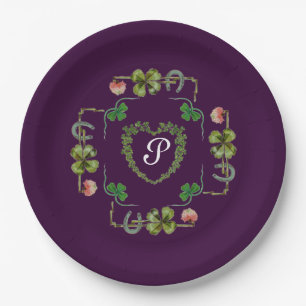 KLEEBLATT HERZ, BLUME, GRÜNES BLUMENMONOGRAMM Lila Pappteller