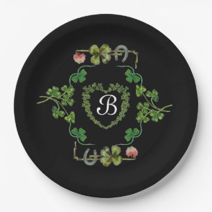 KLEEBLATT HERZ, BLUME, GRÜNES BLUMENMONOGRAMM Schw Pappteller