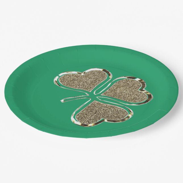 Kleeblatt Irish Symbol Clover Irland Gold Elegant Pappteller (Schrägansicht)