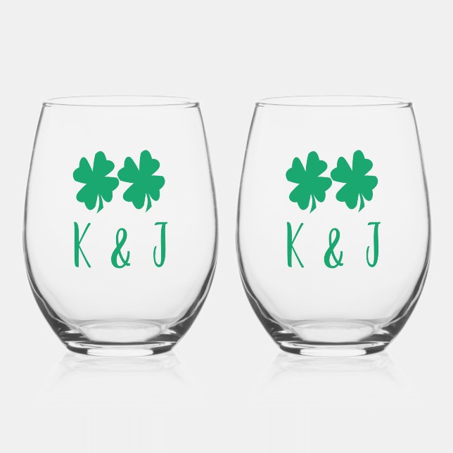 Kleeblatt Leaf Monogram St Patrick's Day Geschenk Weinglas Ohne Stiel (Vorderseite)