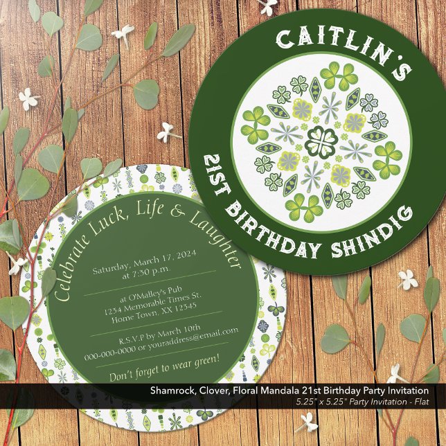 Kleeblatt Mandala 21. Geburtstag Party Einladung (Shamrock, Clover, and Floral Lucky Mandala: 21st Birthday Party Invitation)
