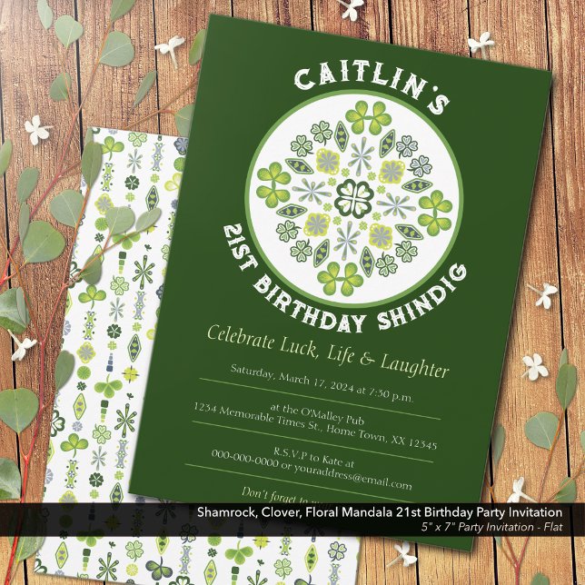 Kleeblatt Mandala 21. Geburtstag Party Einladung (Shamrock, Clover, and Floral Lucky Mandala: 21st Birthday Party Invitation)