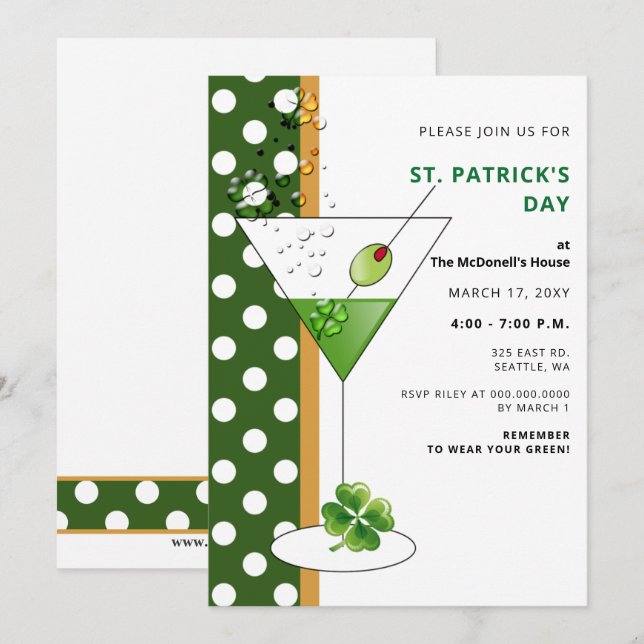 Kleeblatt martini St Patricks Day Party Einladung (Vorne/Hinten)