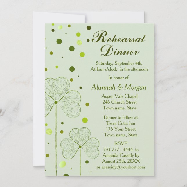 Kleeblatt Polka Dots Hochzeit Probe Abendessen 2 Einladung (Vorderseite)