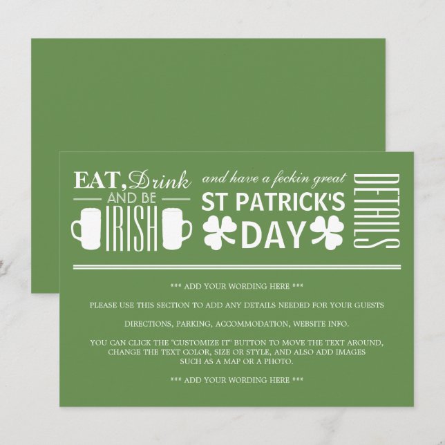 Kleeblatt und Bier Irish St Patrick's Day Detail Einladung (Vorne/Hinten)