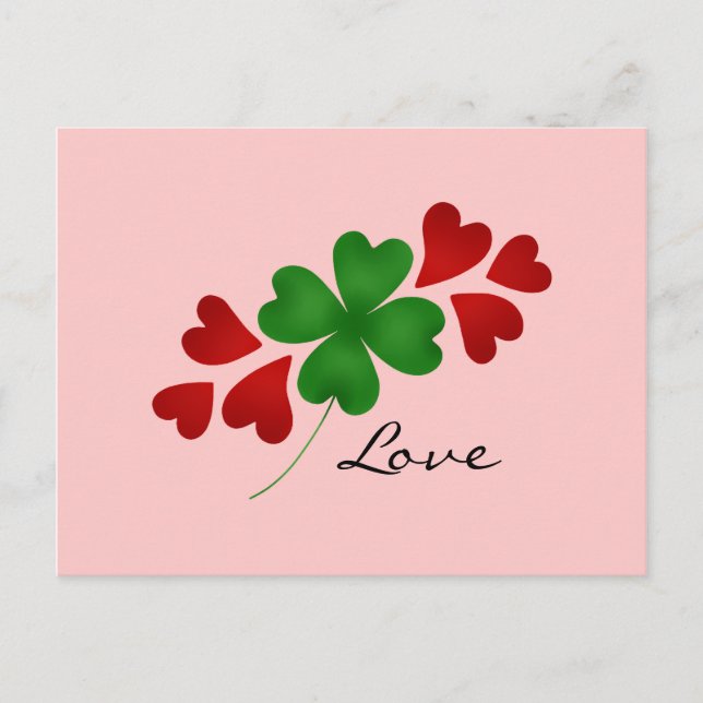 Kleeblatt und Herzen auf Rosa Postkarte (Vorderseite)