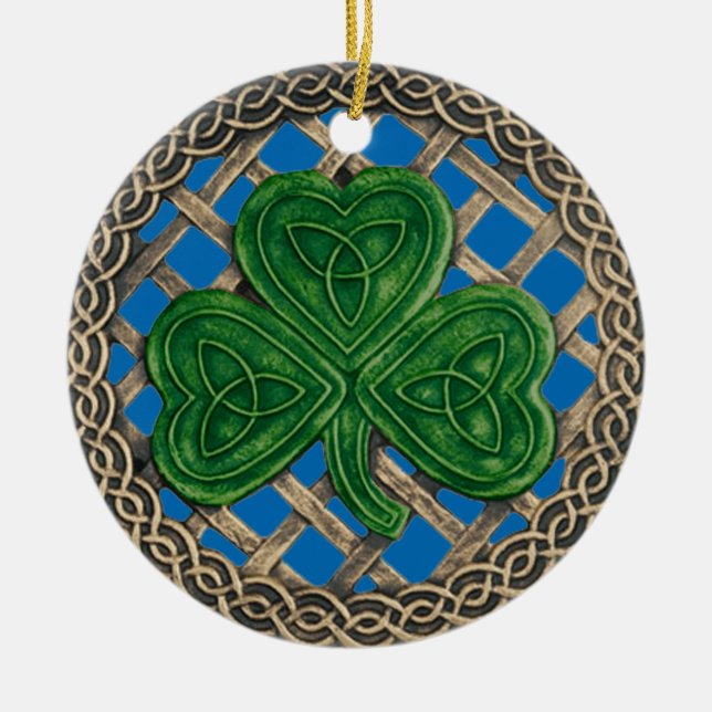 Kleeblatt und keltische Knochen Zierblau Keramikornament (Vorne)