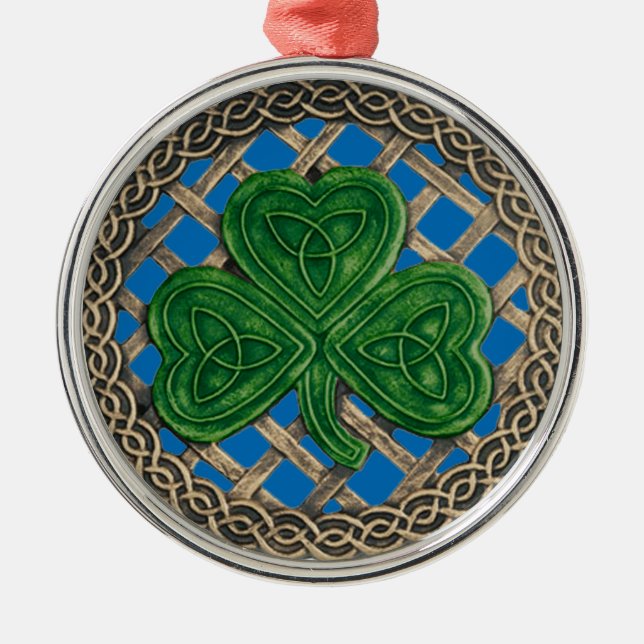 Kleeblatt und keltische Knochen Zierblau Silbernes Ornament (Vorne)