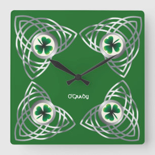 Kleeblatt und keltischer Knoten Quadratische Wanduhr