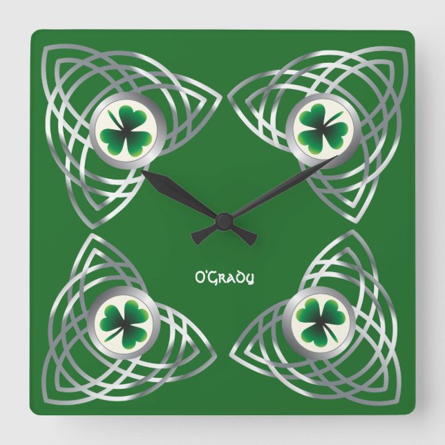 Kleeblatt und keltischer Knoten Quadratische Wanduhr (Vorderseite)