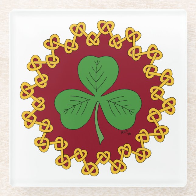 Kleeblatt und Knüpfarbeit in Rot Glasuntersetzer (Vorderseite)