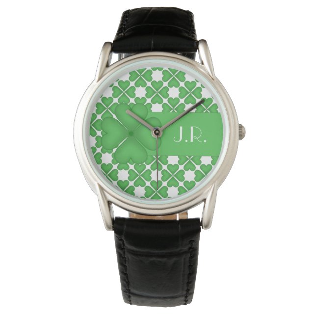 Kleeblatt Vierblättriges Kleeblatt Herz Muster Cus Armbanduhr (Vorderseite)
