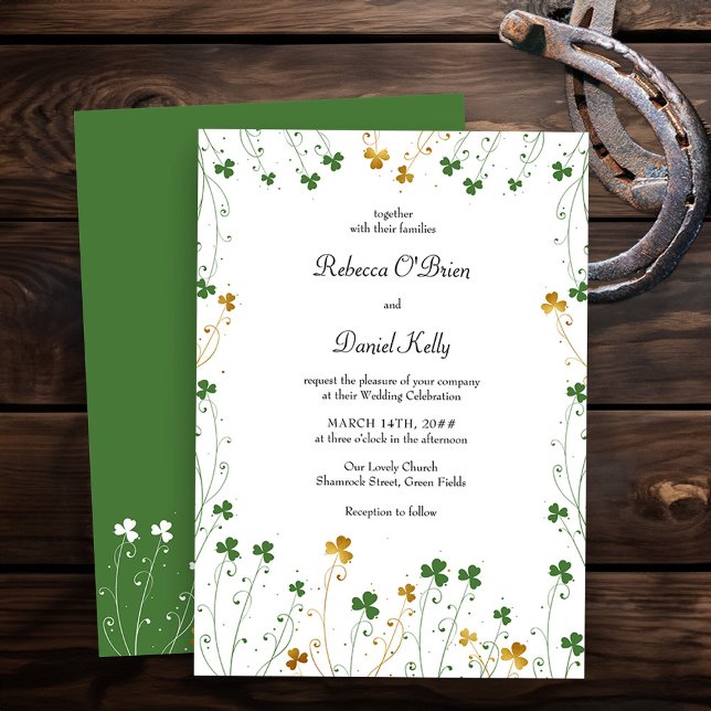 Kleeblatt Wildblume Green Gold Hochzeit Einladung (Wedding Invitation from my Shamrock Wildflower wedding collection - printed or printable download)